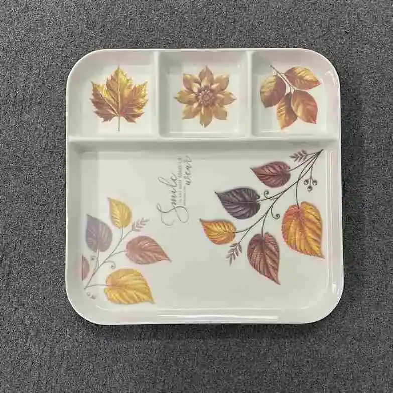 Autumn Leaves Divided Melamine Serving Tray 4 Compartment Square Snack and Dinner Plate