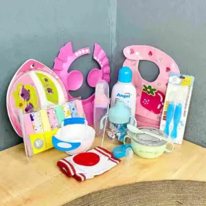 New Baby Feeding Combo - 01 (13 Items) complete newborn feeding accessories set with bib, bottle, bowl, spoon, plate and baby care essentials