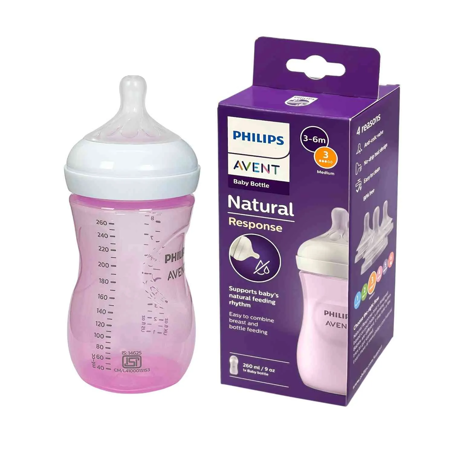 Philips Avent Natural Response Color Baby Feeding Bottle 260ml Pink Philips Avent Natural Response Color Baby Feeding Bottle Wide Neck PP 260ml Pink BPA Free Baby Bottle
