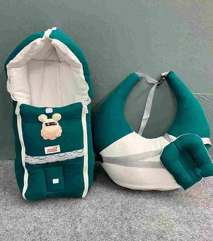 Xemum Muslin Nursing Pillow Safety Bed Combo P-6 Green Color Soft Baby Nursing Pillow and Infant Safety Bed